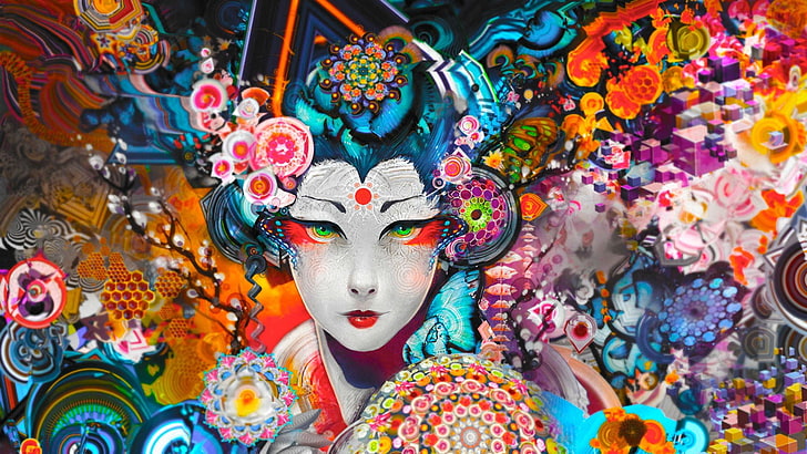 multicolored woman portrait painting, colorful, abstract, geisha