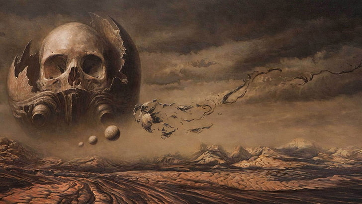 sand dunes digital wallpaper, digital art, artwork, skull, planet