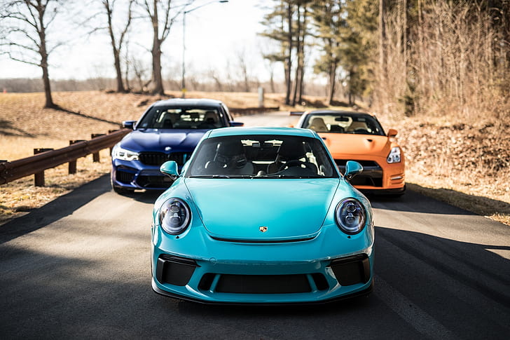 vehicle, frontal view, Porsche, Porsche 911 GT3, BMW, BMW 5 Series, HD wallpaper