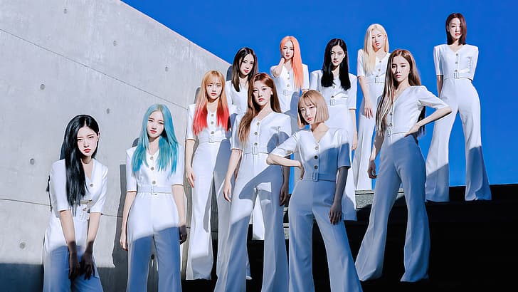 women, K-pop, LOONA, white clothing, dyed hair, long hair, group of women
