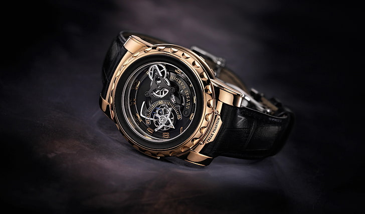 round gold-colored mechanical watch with black leather strap, HD wallpaper