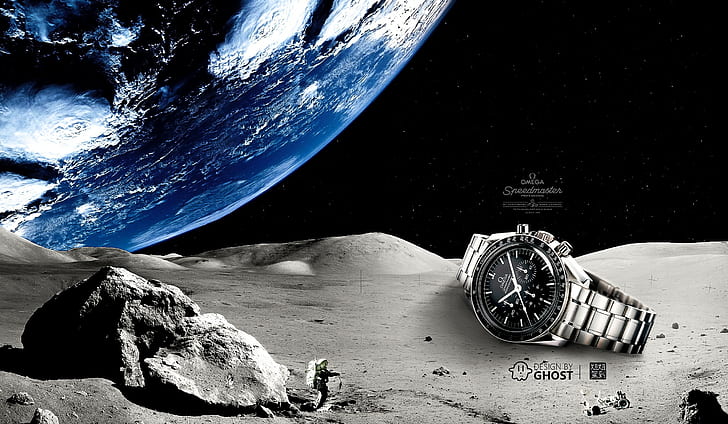 clocks, space, digital art, commercial, Moon, luxury watches