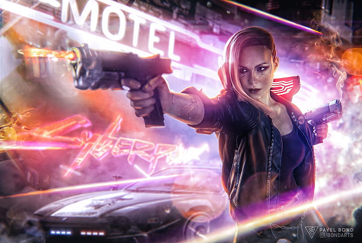 Images Cyberpunk 2077 Pistols Girls vdeo game 1366x768