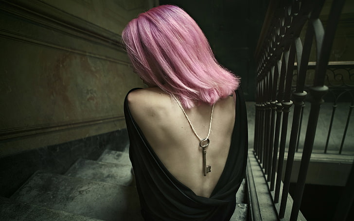 women, stairs, pink hair, backless, keys, dyed hair, one person