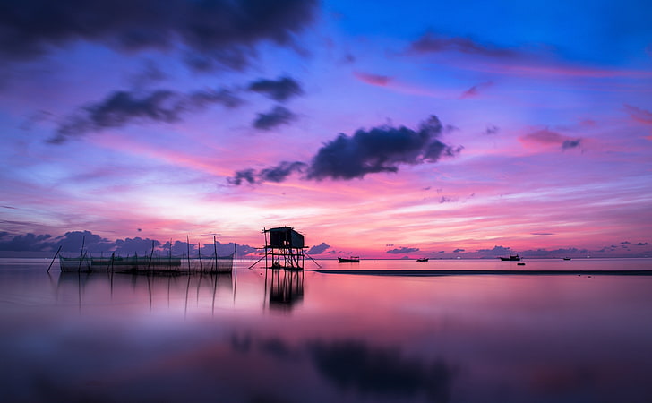 Sunrise in Vietnam, black wooden house, Asia, Ocean, Blue, Orange, HD wallpaper