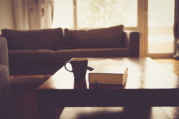 brown wooden table, coffee, books, vibes, cup, indoors, home interior