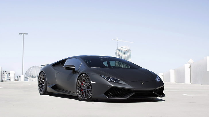 black Lamborghini Huracan, car, sports car, building, urban, cranes (machine)
