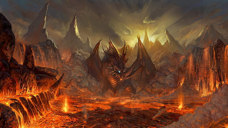 dragon fire Dragons Nest Abstract Fantasy HD Art, red, mountain, HD wallpaper