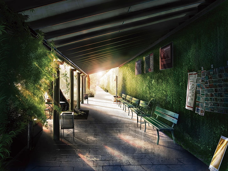 five green wooden benches, anime, sunlight, building, architecture