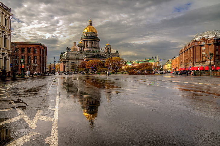 St. Petersburg, after rain, Russia, gray and gold domw, HD wallpaper
