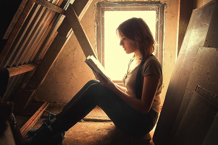 attics, books, introvert, women, one person, young adult, sitting, HD wallpaper