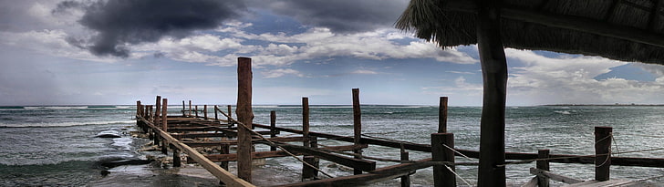 brown wooden pier, multiple display, beach, storm, sky, sea, cloud - sky