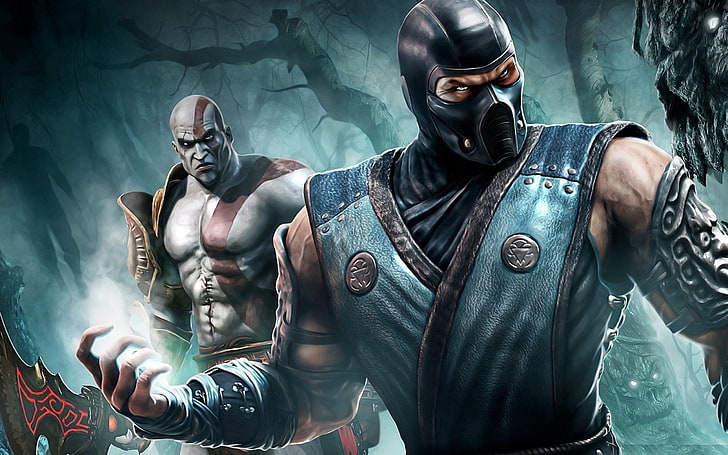 Mortal Kombat Sub-Zero and Kratos digital wallpaper, God of War