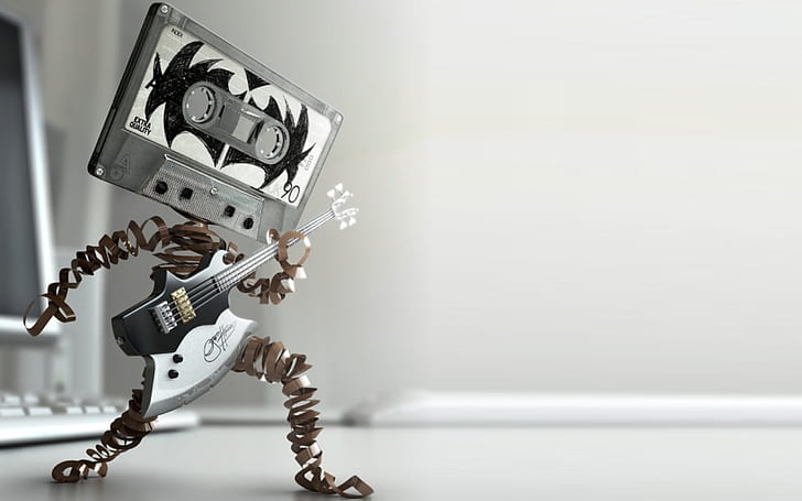 Funny Cassette Guitarist, brass gray and white cassette tape head person playing guitar miniature