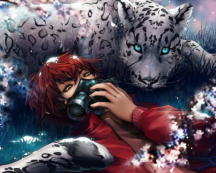 Anime Boys, Gas Masks, Eyes, Big Cats, Tiger, Flowers, Grass, white tiger and female profile anime character illustration