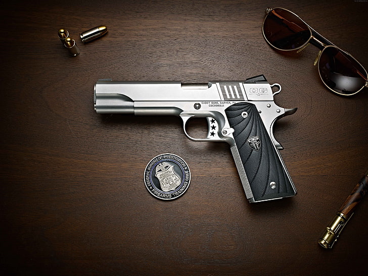 pistol, 6K, Cabot 1911, silver, HD wallpaper