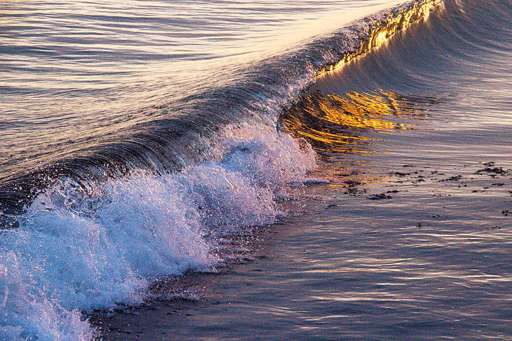 ocean waves, Sunset, light, Sea, Smygehuk, beach, coast, hav, HD wallpaper