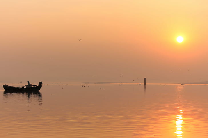 silhouette photo of boat in the sea during sunset, Sunrise, Water  Reservoir