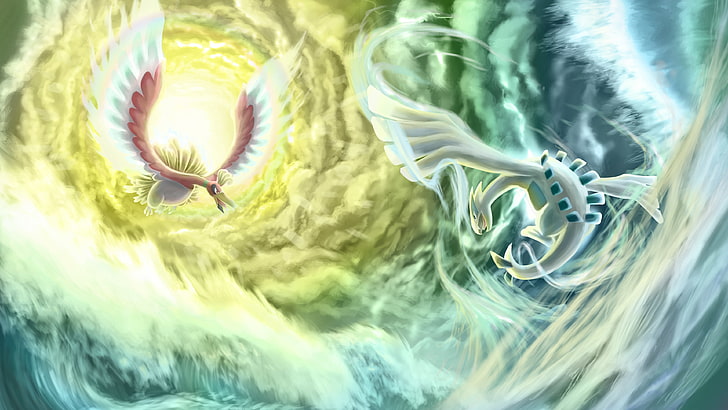 pokemon, lugia, ho-oh, battle, Anime, water, sea, close-up, HD wallpaper