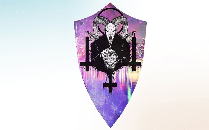 black and purple devil wallpaper, demon, cross, skull, white background, HD wallpaper