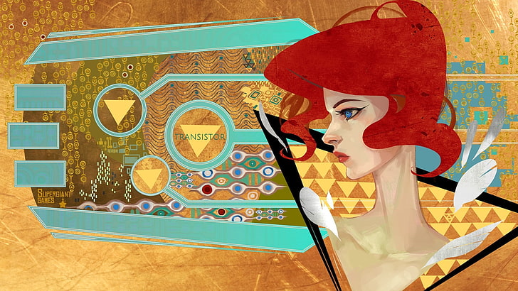 Transistor, video games, Supergiant Games, artwork, redhead