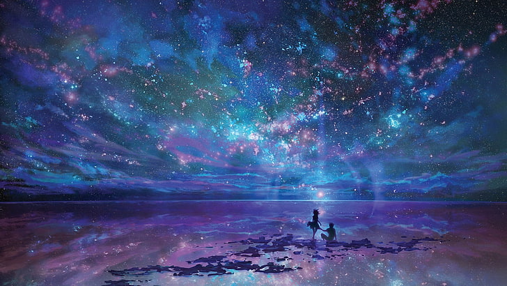 stars and calm body of water painting, artwork, fantasy art, sea