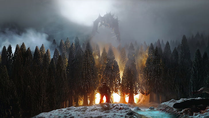 The Elder Scrolls V: Skyrim, Elder Scrolls, Dragon, Fire, Forest, Video Games, HD wallpaper