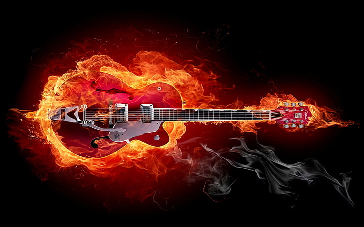 guitar on fire, instrument, smoke, Others, black background
