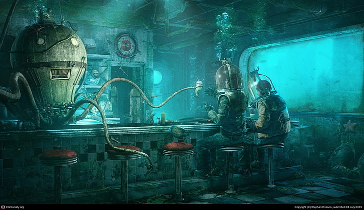 underwater restaurant illustration, robot, octopus, fantasy art