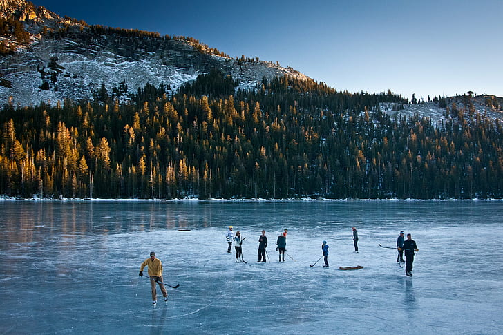 people ice skating on frozen lake, Tenaya Lake, Lake II, lake  ice