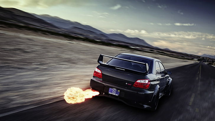 Subaru WRX STI Backfire Flame Motion Blur HD, cars, HD wallpaper
