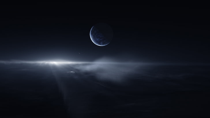 black moon, space, galaxy, stars, nebula, clouds, moon rays, night