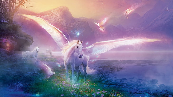 Pegasus painting, horse, magic, flowers, animal, nature, outdoors, HD wallpaper
