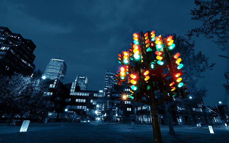 black traffic light, city, traffic lights, night, colorful, London
