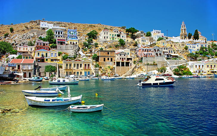 Greece, sea, coast, boats, houses, HD wallpaper