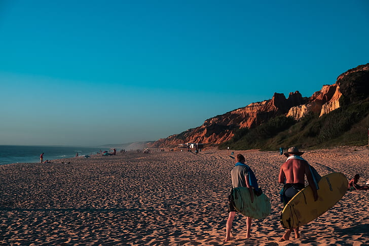 Portugal, beach, men, surfboards, HD wallpaper