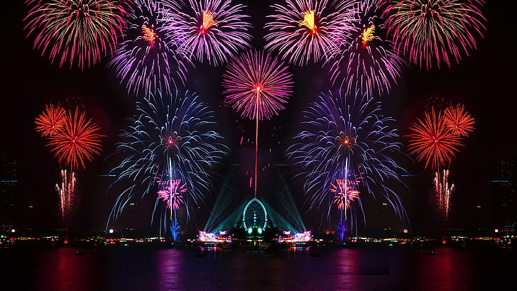 Beautiful city night, colorful, fireworks, lights, water reflection, brocade fireworks display
