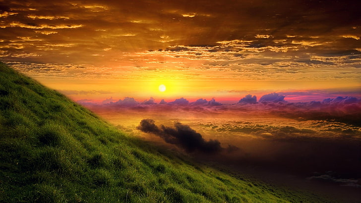 sunrise, orange sky, hillside, steep, grass, clouds, sunset, HD wallpaper