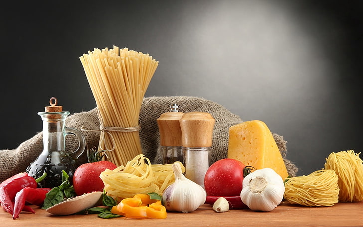 pasta and spices, cheese, pepper, chili, garlic, noodles, salt, HD wallpaper