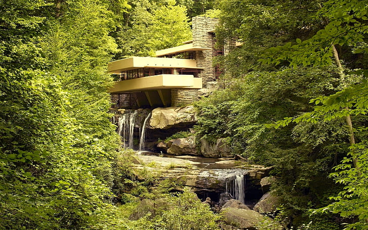 river architecture frank lloyd wright waterfall, tree, plant