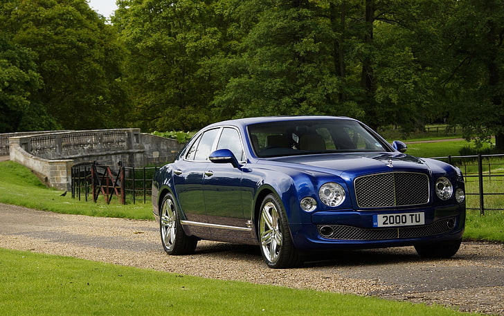 Bentley Mulsanne 2014, blue Jaguar sedan, Cars, green, forest