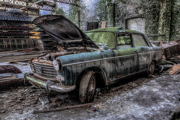 car, wreck, vehicle, peugeot 404, abandoned, obsolete, damaged
