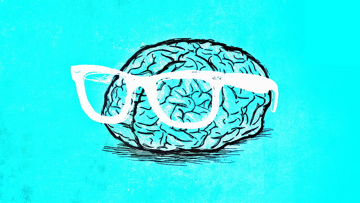 glasses, brain, digital art, blue, colored background, human brain, HD wallpaper