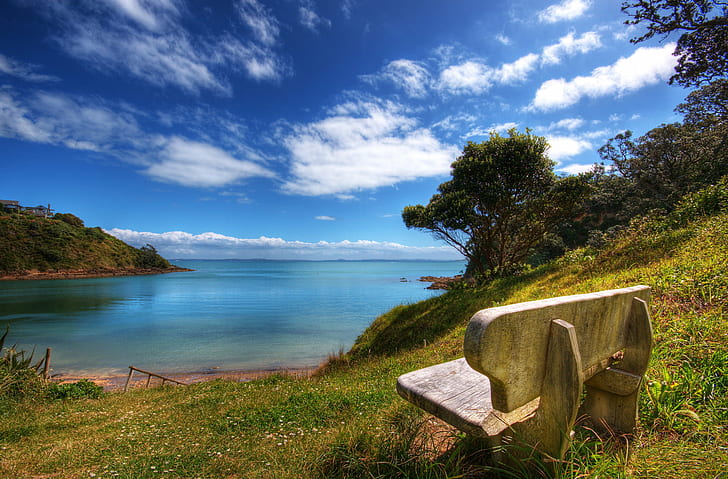 bench on land near beach during daytime, Lookout, water, ocean  sea, HD wallpaper