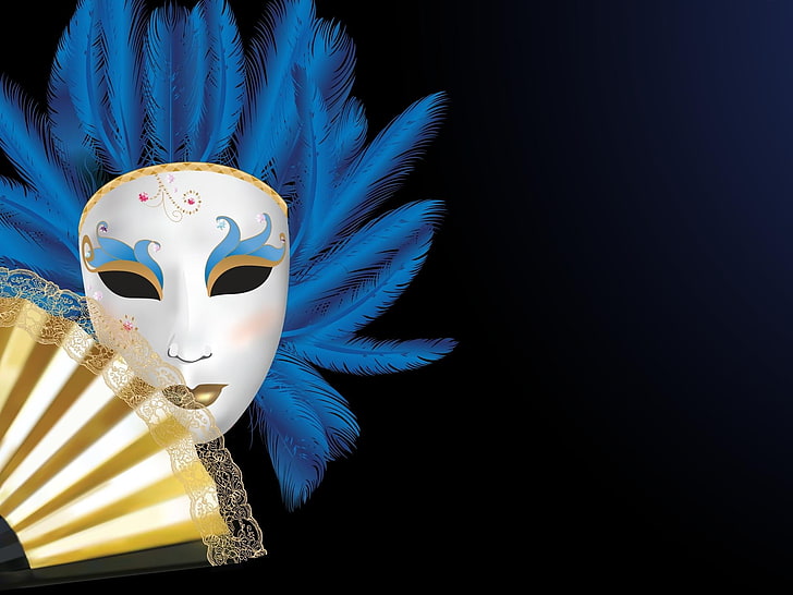 blue and white masquerade mask, fan, hair, wig, image, venice - Italy, HD wallpaper