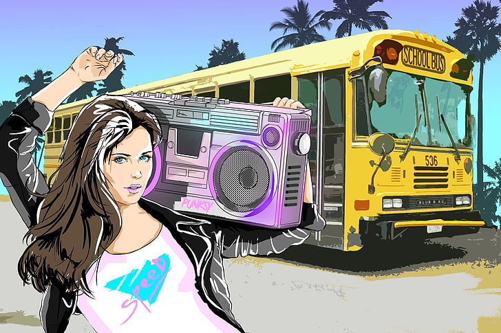 buses, artwork, women, Retrowave, one person, lifestyles, real people