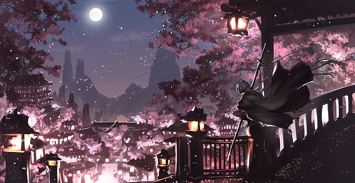Anime, Original, Braid, Cape, Cherry Blossom, Lantern, Long Hair, HD wallpaper