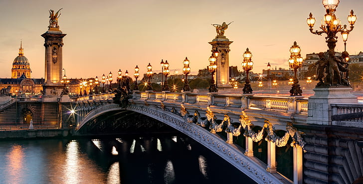 light, the city, river, France, Paris, the evening, lights, HD wallpaper