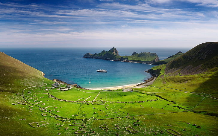 sea, nature, peninsula, hills, green, cruise ship, UK, cliff, HD wallpaper