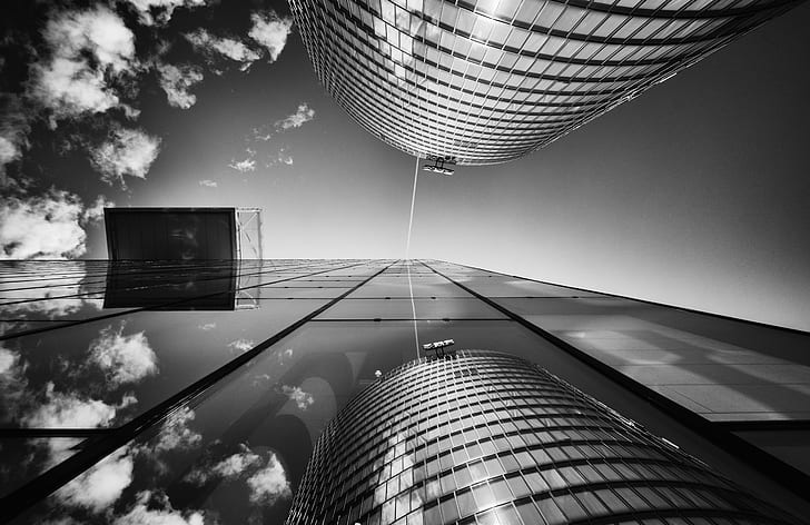 gray scale photo and worms eye view of two buildings, mirror, HD wallpaper